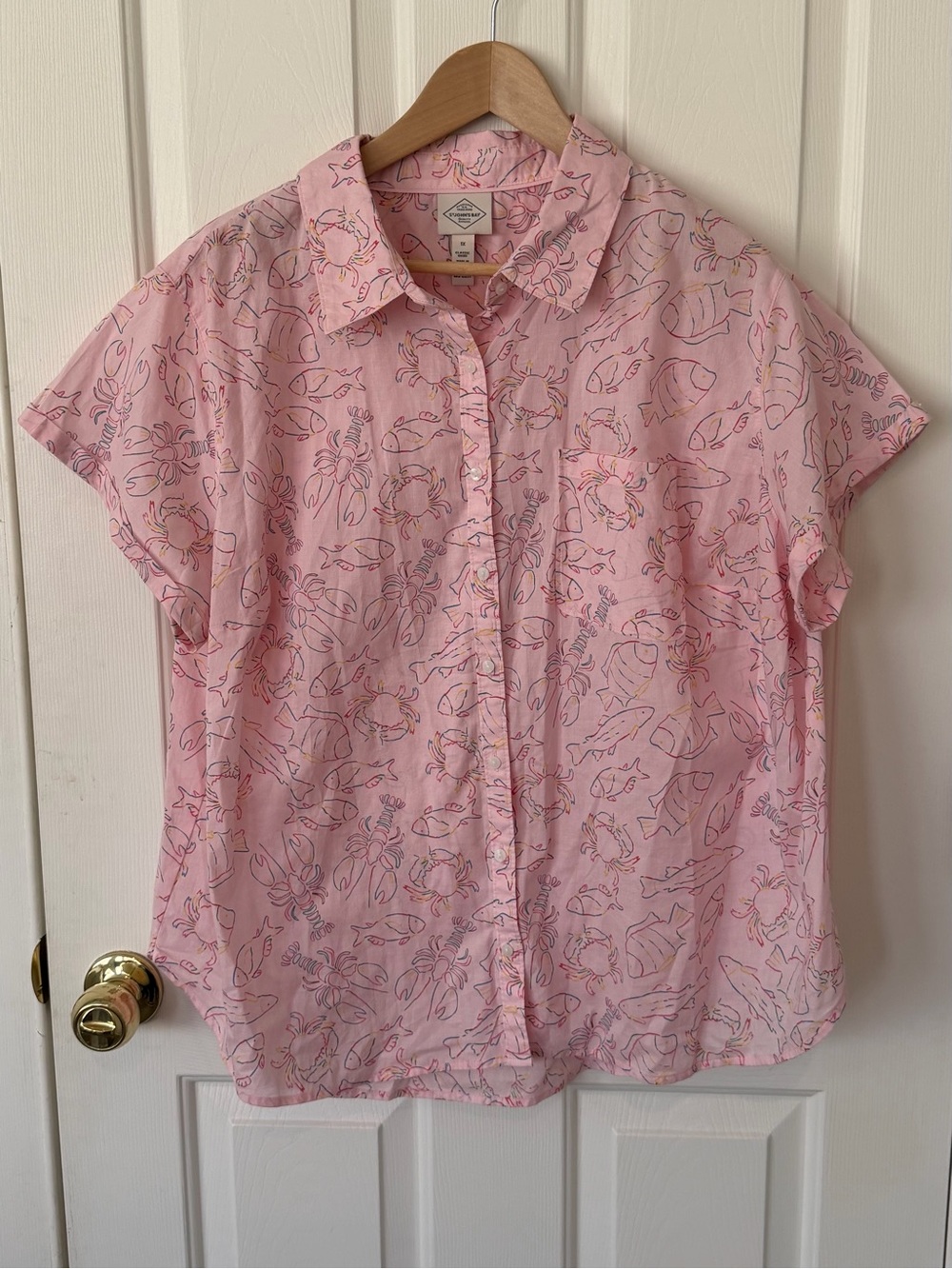 St. John's Bay Pink Short-Sleeve Button-Down Shirt with Subtle Floral Outline